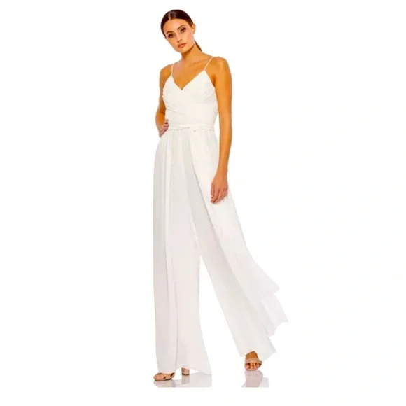 Mac Duggal NWT Chiffon Cross Ruched Top Full Tiered length Wide Leg Jumpsuit XS - Picture 1 of 9